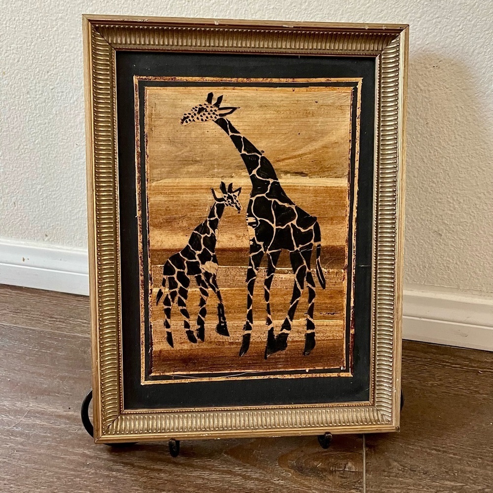 Vintage Framed African Dry Banana Leaf Giraffe Art 11/15 Inch